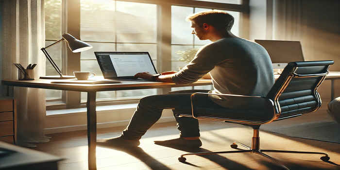 A person working at a clean desk with a laptop, a cup of coffee, and a notebook, symbolizing effective time management and productivity.