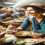 A traveler enjoying a meal with locals in a bustling market, engaging in conversation.