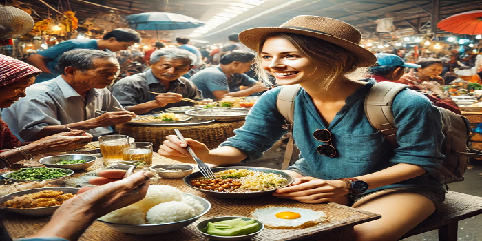 A traveler enjoying a meal with locals in a bustling market, engaging in conversation.