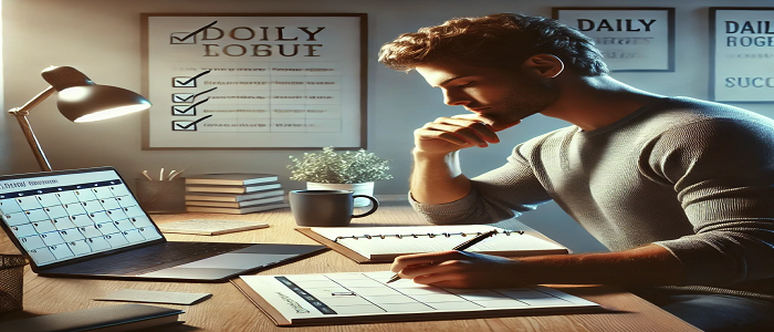 A focused individual writing in a journal at a clean desk, with a calendar and checklist in the background, representing daily progress and the power of consistent habits.